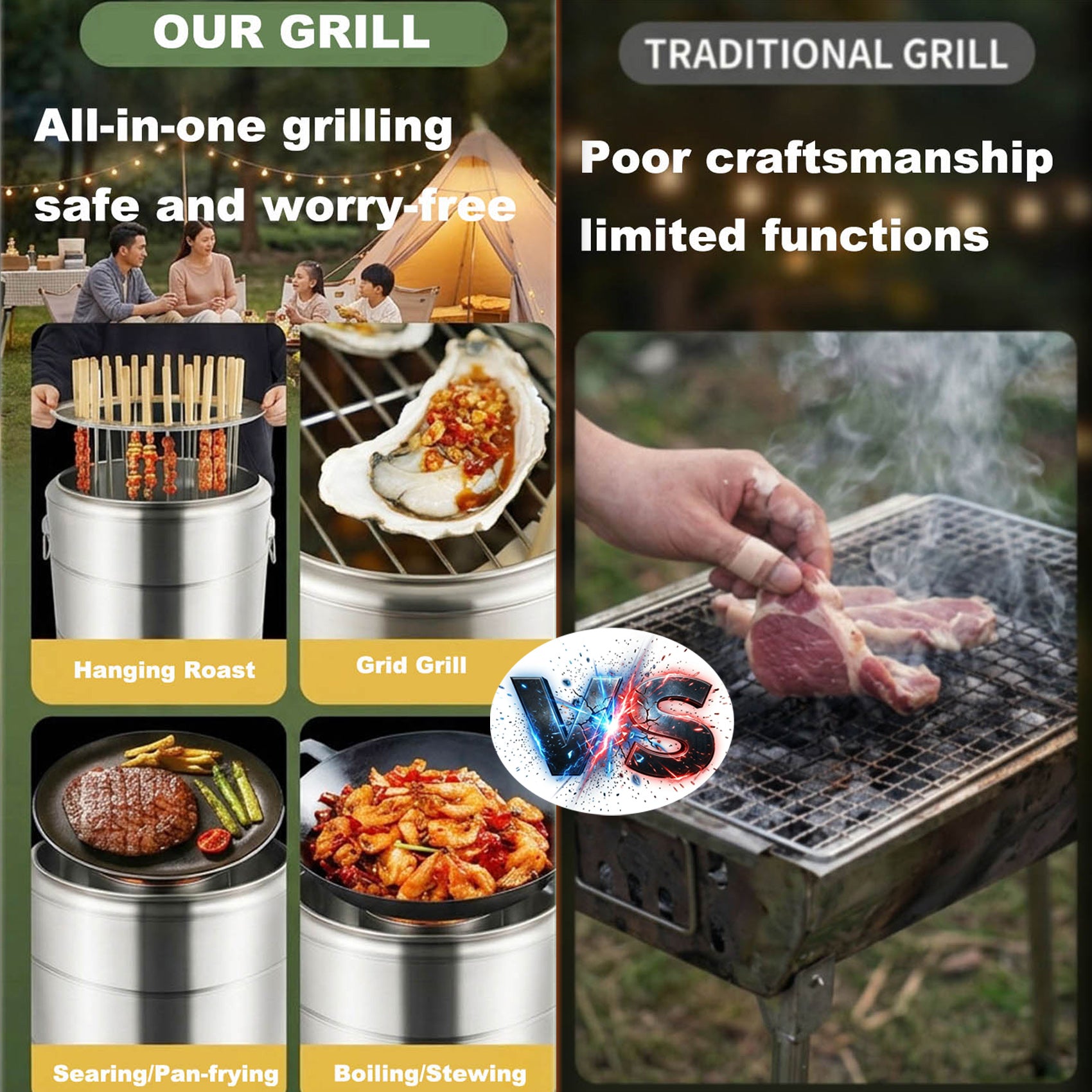 Smokeless Charcoal Grill 28 Skewers Capacity Hanging Barrel Grill Portable Fire Pit Outdoor Campfire Roaster