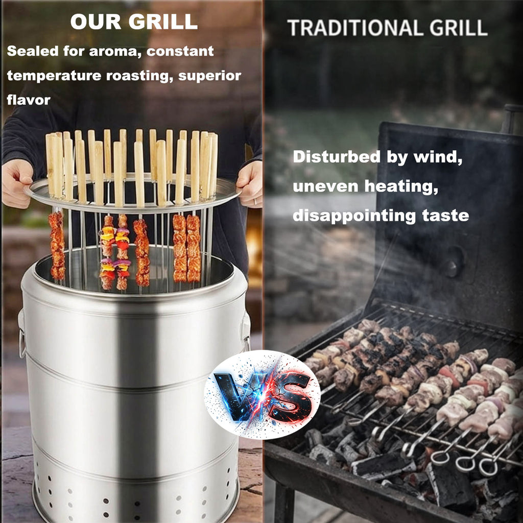 Smokeless Charcoal Grill 28 Skewers Capacity Hanging Barrel Grill Portable Fire Pit Outdoor Campfire Roaster